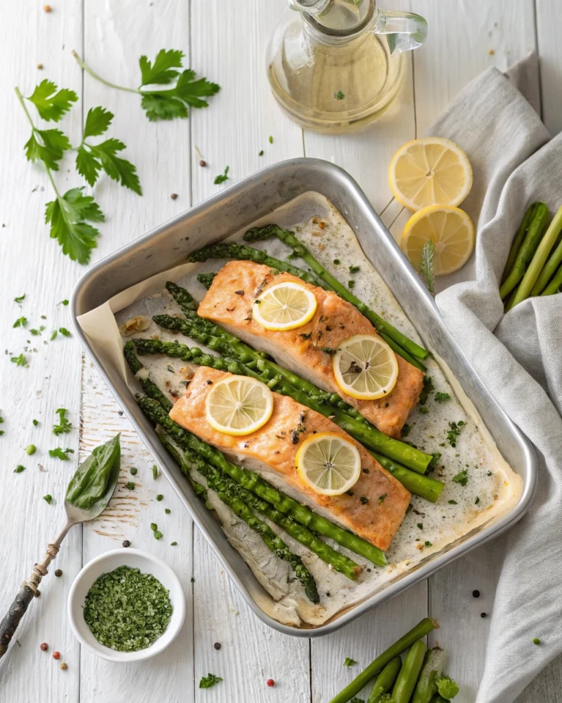 Baked salmon with asparagus on foil-lined sheet pan