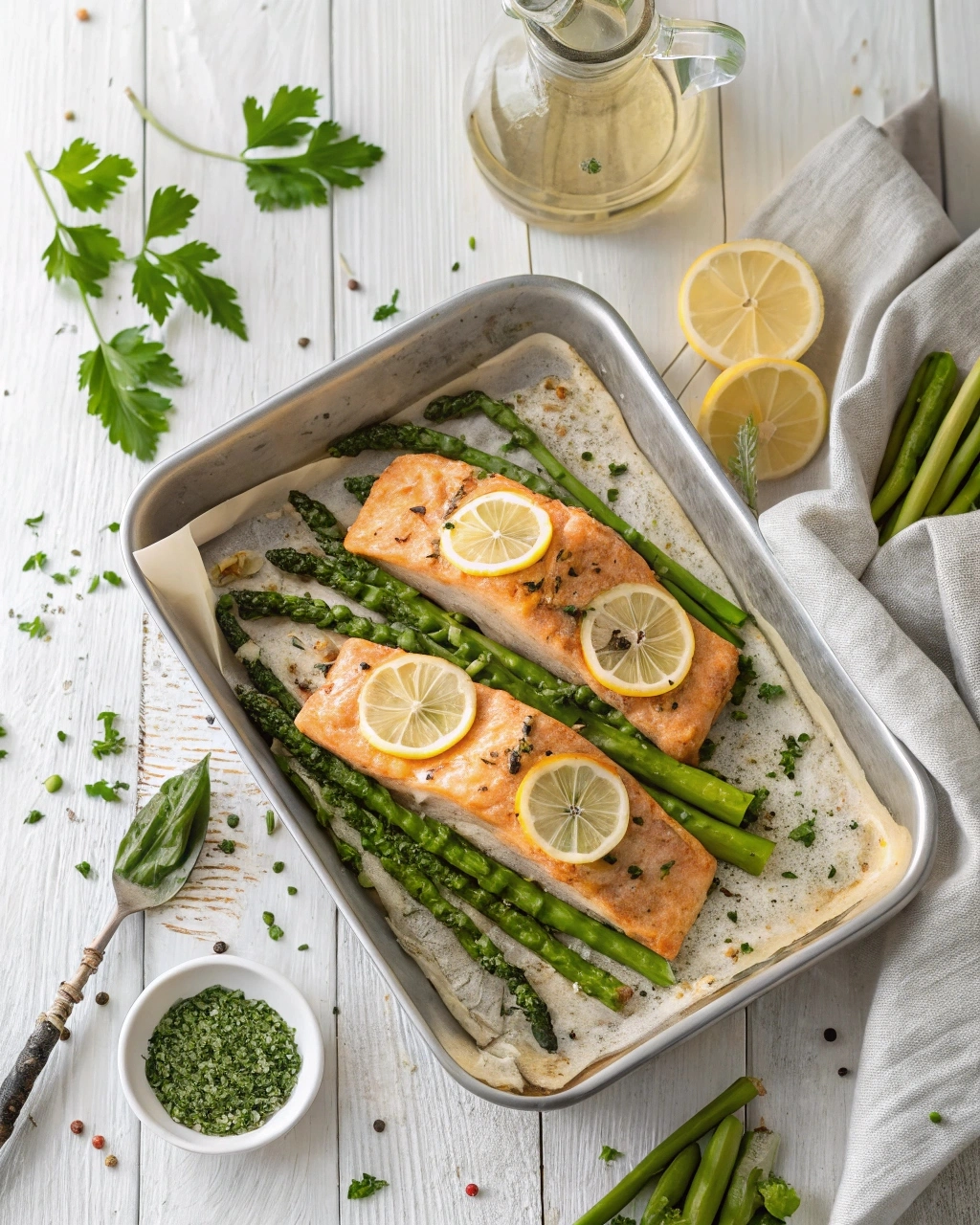 Baked salmon with asparagus on foil-lined sheet pan
