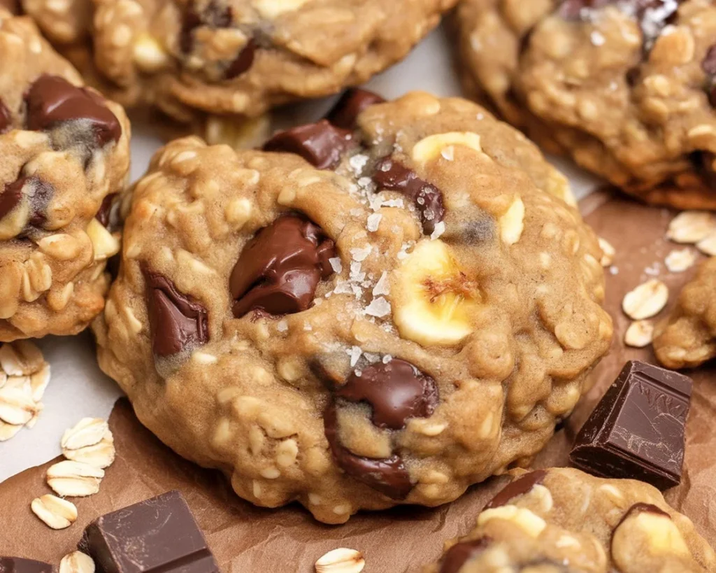 Chewy banana oatmeal chocolate chip cookies fresh out of the oven.