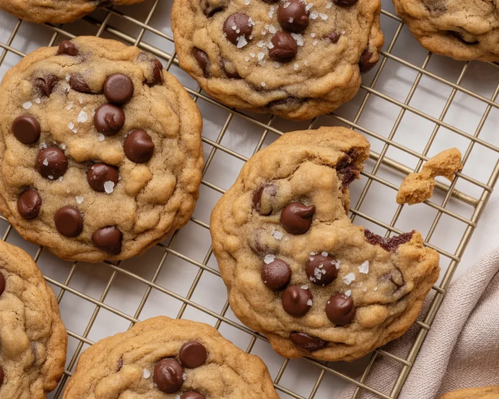 Chewy Oatmeal Chocolate Chip Cookies on a baking sheet fresh from the oven.