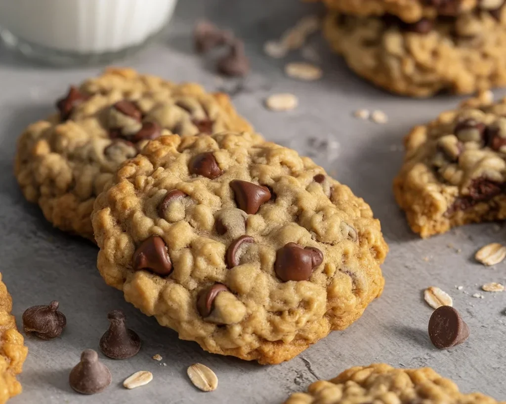 Baking tray filled with Best Ever Oatmeal Chocolate Chip Cookies, soft and chewy.