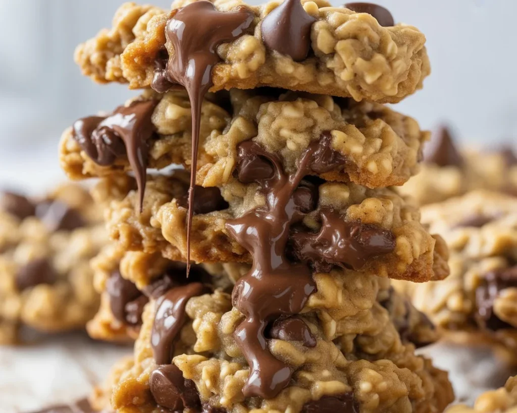 Freshly baked soft oatmeal chocolate chip cookies on a wire rack.